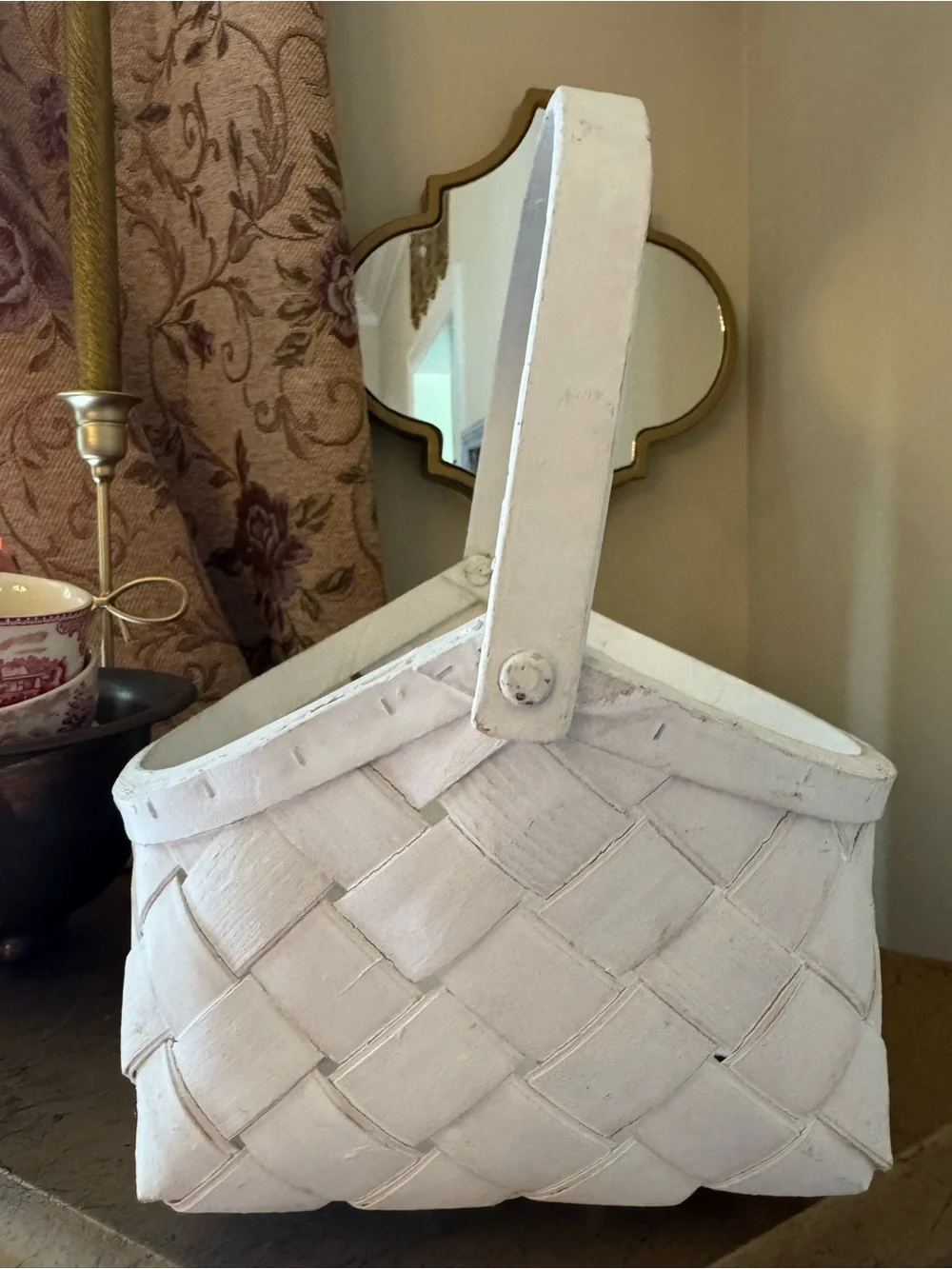 Vintage Peterboro Style Split Wood Woven Basket White Farmhouse Cottagecore VTG